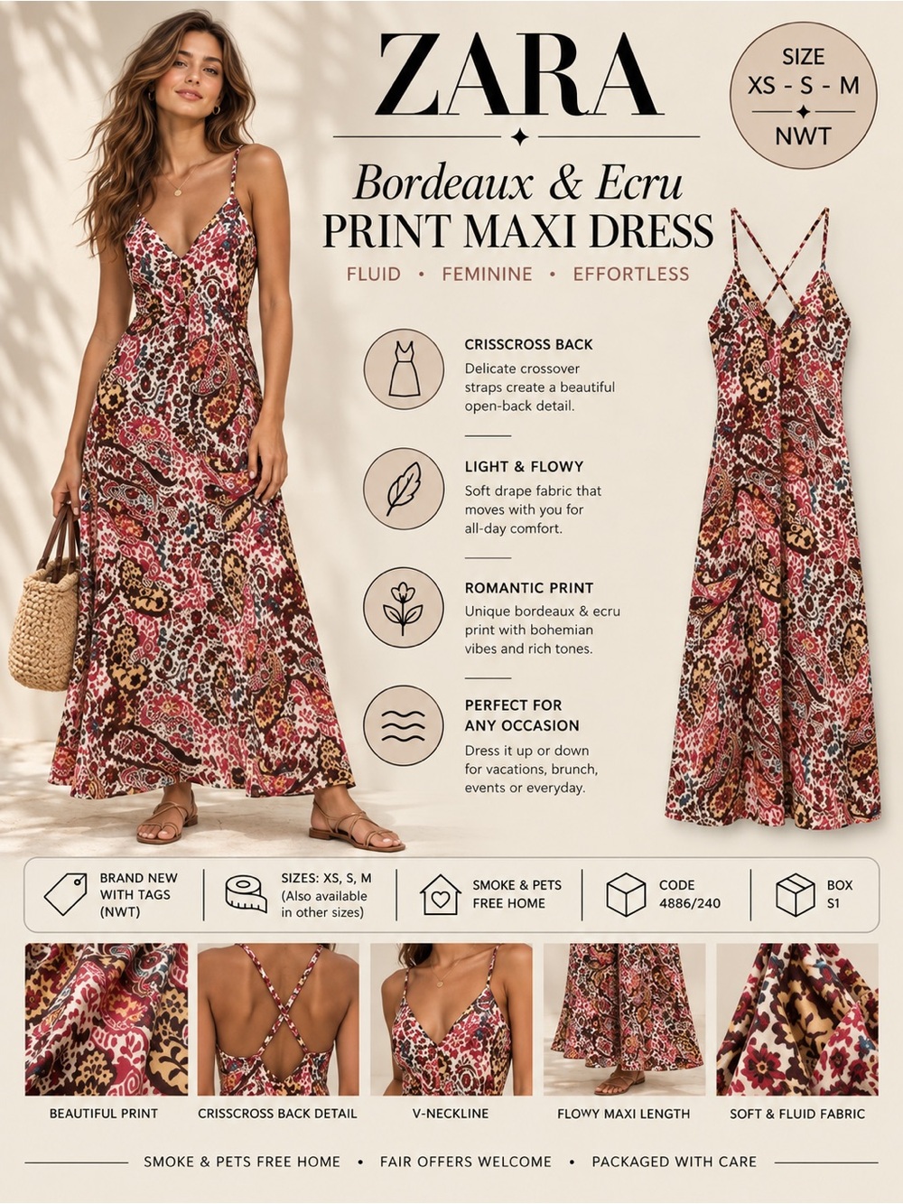 ZARA Bordeaux & Cream Print Maxi Dress NWT Sizes XS, S & M